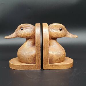 Duck Head Bookends Wood Carve Look Resin Brown Heavy Duck Lover Hunter